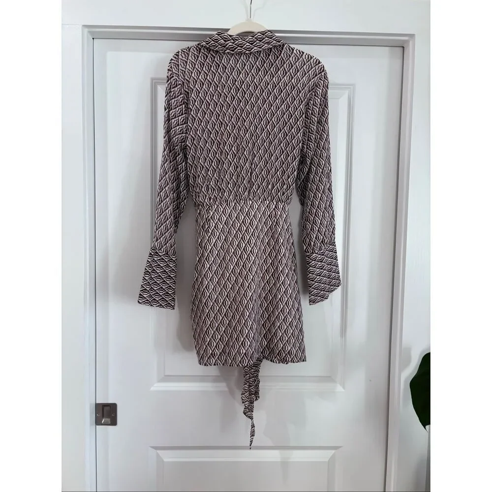 Free People Rillo Shirtdress Button Up Tie Long Sleeve Brown White Size Small
